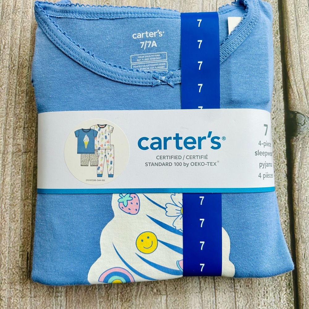 Carter's size 7 Girls Blue & White Ice Cream Themed 4-Piece Pajamas Set, NWT